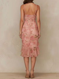 Ροζ - Κομψό Floral Ruched Bodycon Midi Φόρεμα με Ρυθμισμένο Σατέν