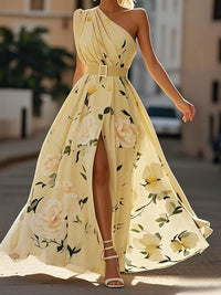 Sella - Ραμμένο Μονό Ώμο Α-Γραμμή Μακρύ Σατέν Φόρεμα
