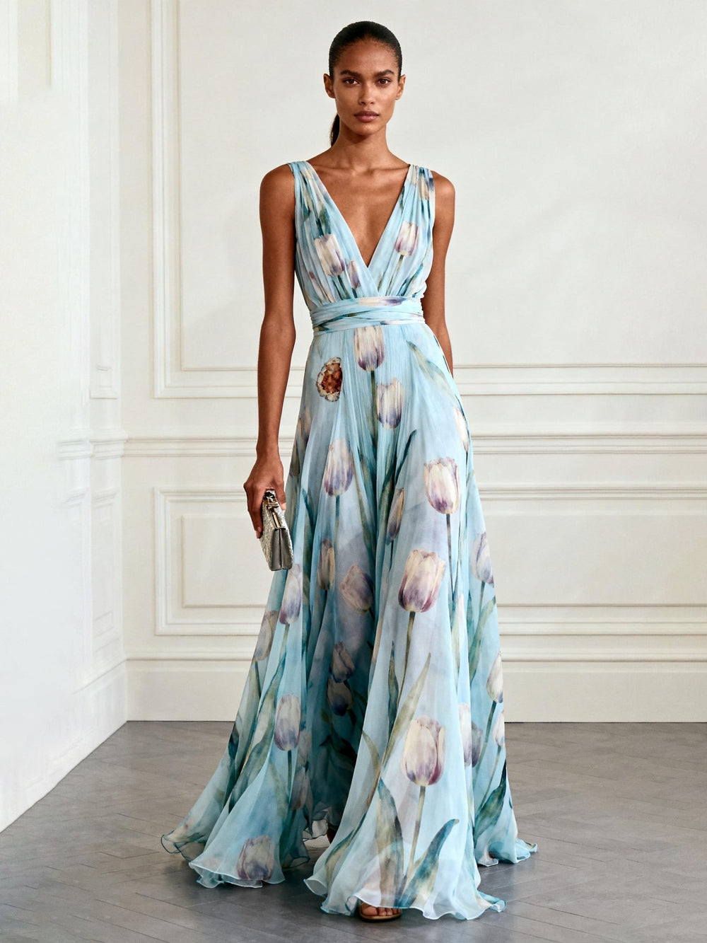 Nerea - Κομψό Φόρεμα Μαξί V με Τυπώμα Τουλίπας