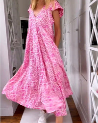Ρόσμα - Εκτυπωμένο Μαξι Φόρεμα με V-λαιμό και Κοντά Μανίκια