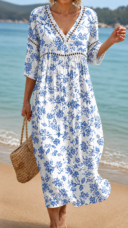 Κλασικό Μπλε Floral Μαγιό Φόρεμα