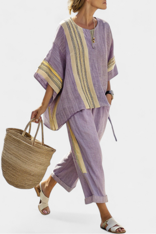 Elowric | Κομψό Λιλά Τοπ & Παντελόνι με Ρίγες Μουστάρδας