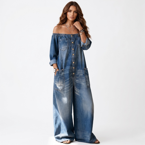 Phoebe - Τζιν ολόσωμη φόρμα με χαμηλό ντεκολτέ