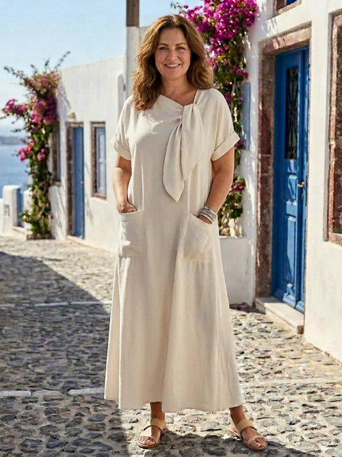 Elowyn | Φόρεμα Μαξί με Στρογγυλή Λαιμόκοψη και Κοντά Μανίκια