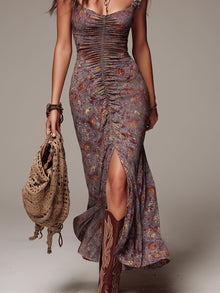 Ανσέλμα | Γκρι-μωβ Πλισέ Floral Print Maxi Φόρεμα