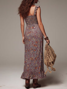 Ανσέλμα | Γκρι-μωβ Πλισέ Floral Print Maxi Φόρεμα