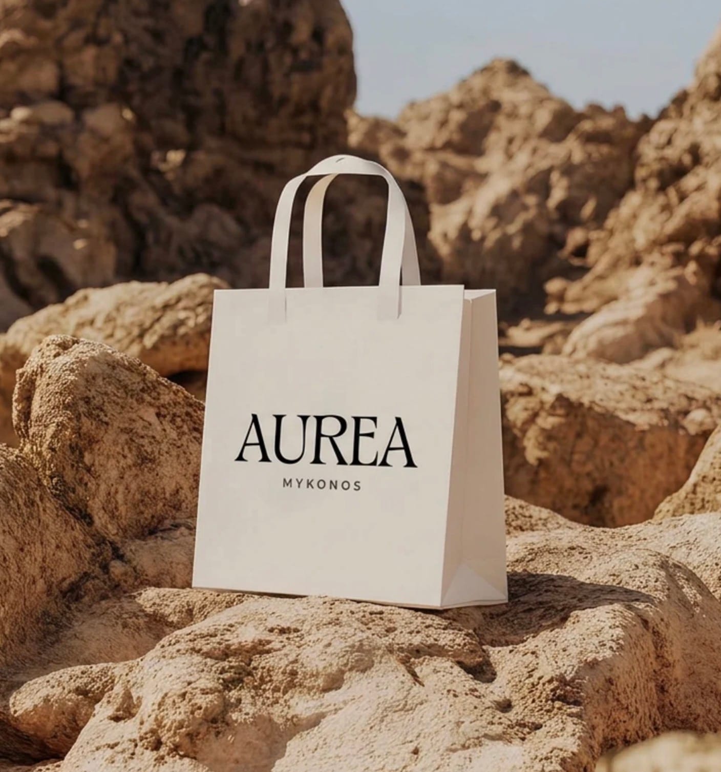 AUREA Mykonos shopping bag on the rocks